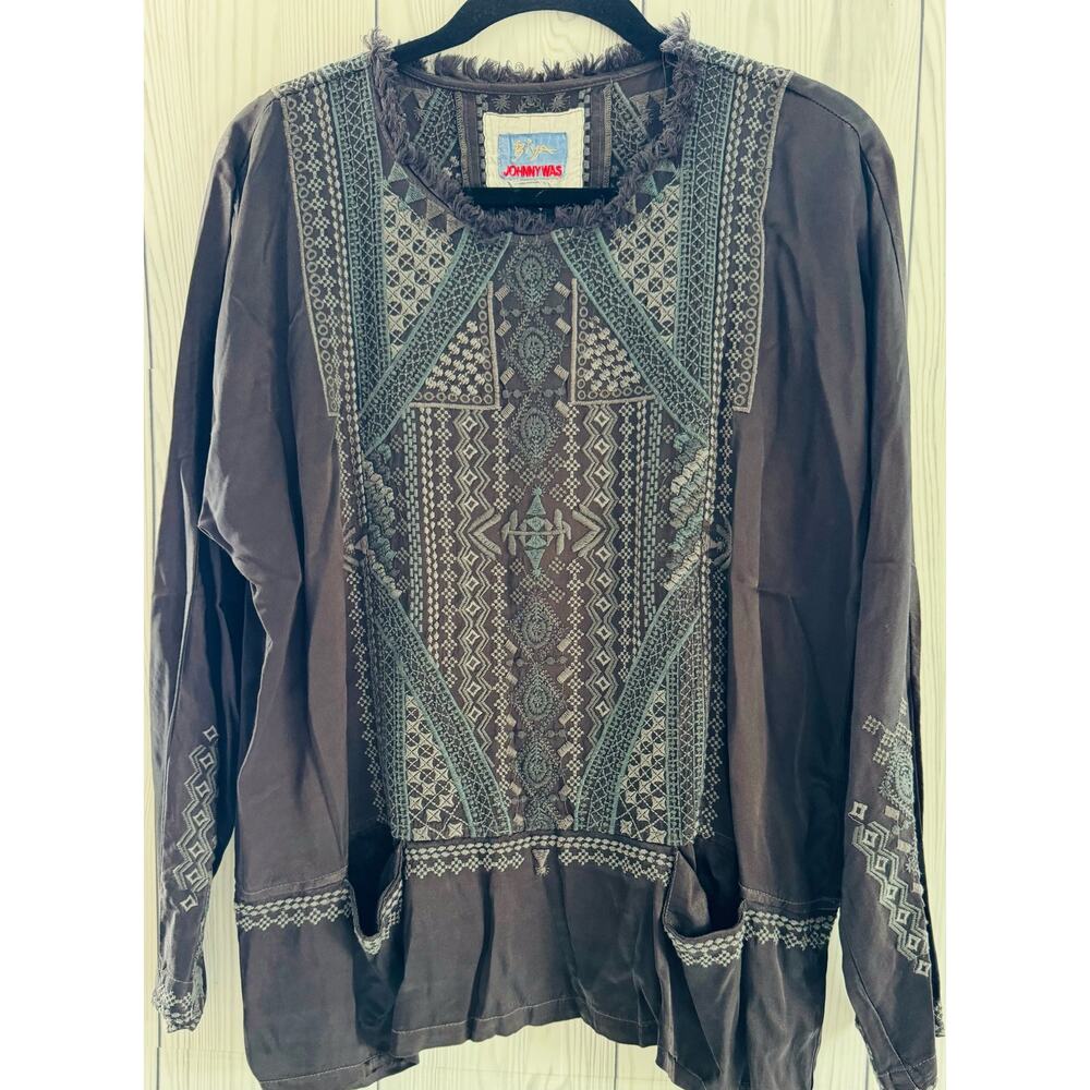 Johnny Was Peasant Embroidered Tassel-Tie Tunic w/Pockets Gray Size Small